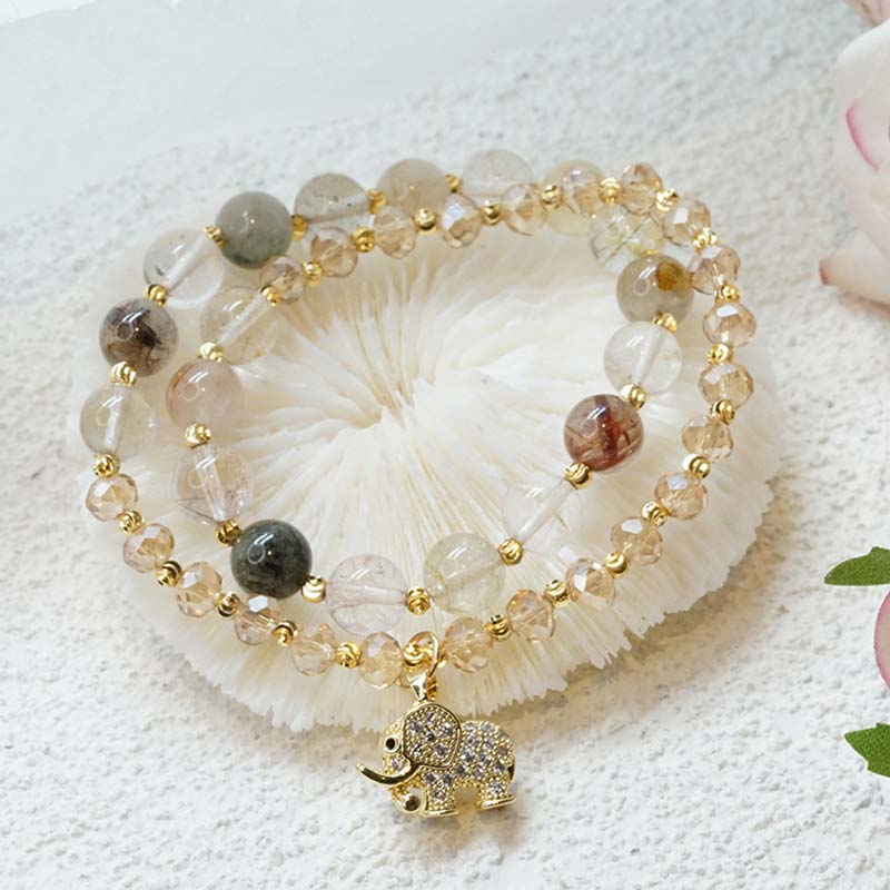 Fortune Jewel Rose Quartz Elephant Healing Energy Charm Bracelet