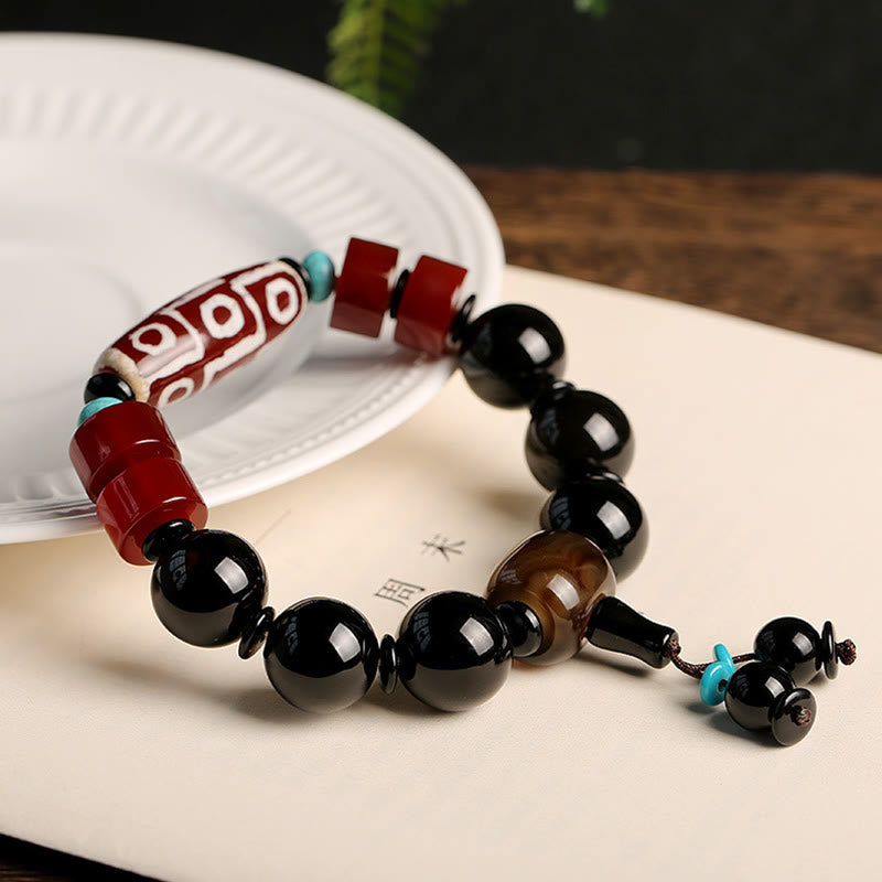 Fortune Jewel Tibetan Nine-Eye Dzi Bead Black Onyx Wealth Protection Bracelet