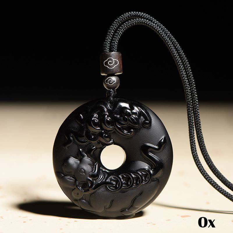 Fortune Jewel Chinese Zodiac Natural Black Obsidian Peace Buckle Strength Necklace Pendant