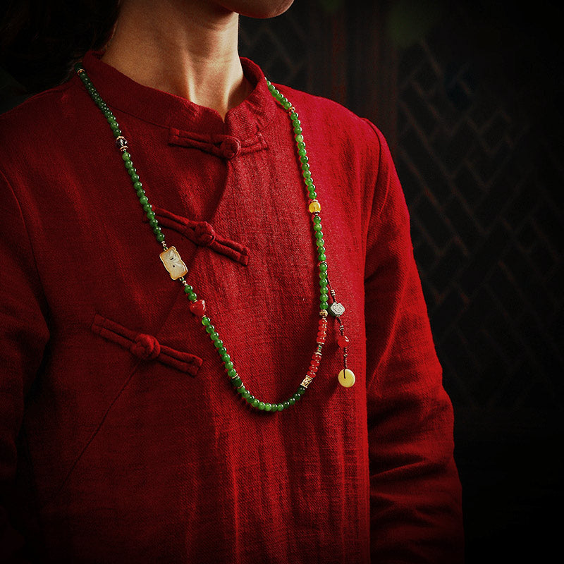 Fortune Jewel 108 Mala Beads Cyan Jade Red Agate Laughing Buddha Luck Bracelet Fortune Jewel