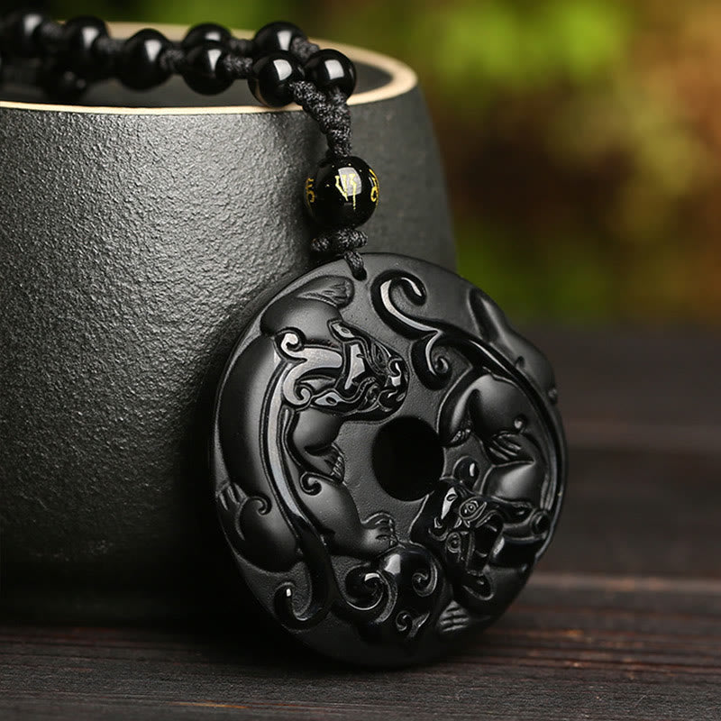 Fortune Jewel Natural Black Obsidian Peace Buckle Pixiu Bead Rope Strength Necklace Pendant