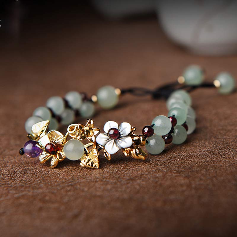 Fortune Jewel Green Aventurine Garnet Bead Flower Petal Luck Bracelet
