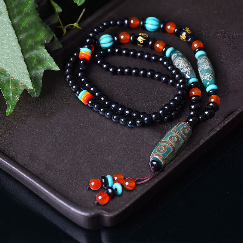Fortune Jewel Tibetan Nine-Eye Dzi Bead Dragon Pattern Om Mani Padme Hum Protection Necklace Pendant Fortune Jewel