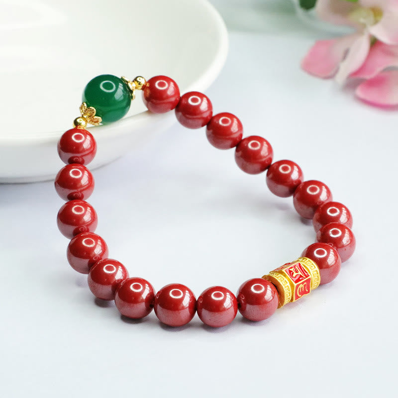 Fortune Jewel Natural Cinnabar Green Agate Om Mani Padme Hum Pattern Blessing Bracelet