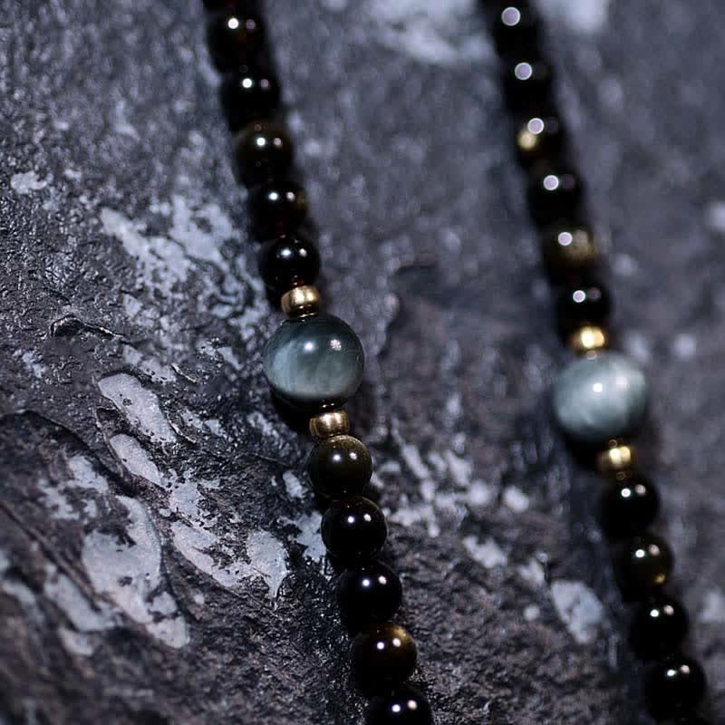 Fortune Jewel 108 Mala Beads Gold Sheen Obsidian Tiger Eye Eagle's Eye Stone Wealth Bracelet
