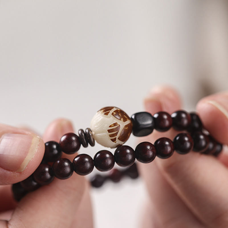 Fortune Jewel Small Leaf Red Sandalwood Lotus Bodhi Seed Carved Protection Double Wrap Bracelet