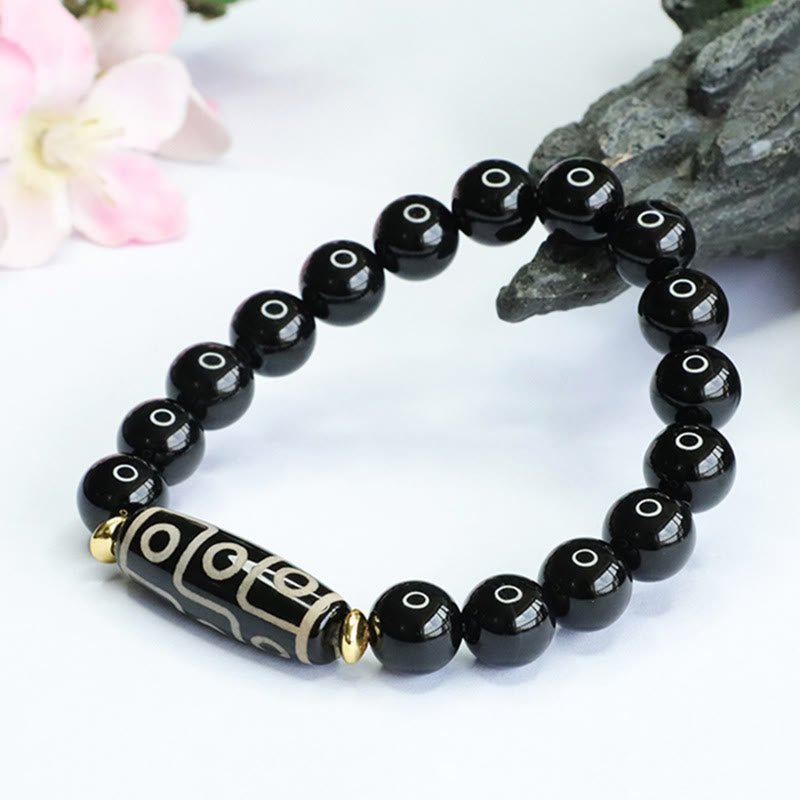 Fortune Jewel Tibetan Nine-Eye Dzi Bead Black Onyx Power Bracelet