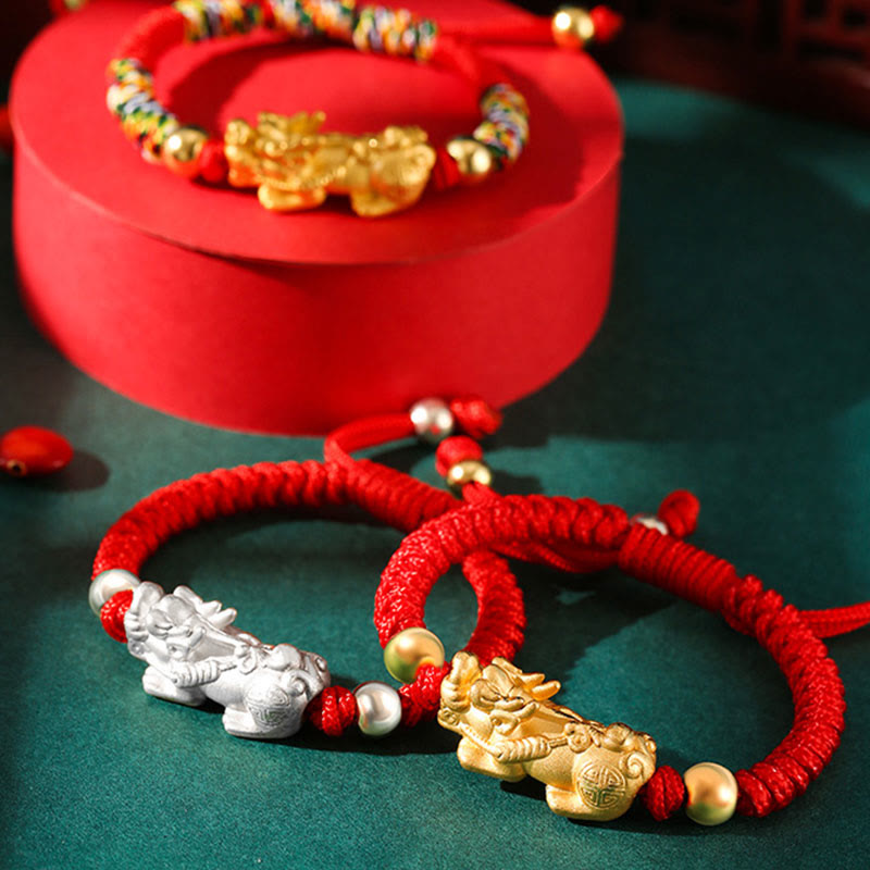 Fortune Jewel 999 Sterling Silver PiXiu Wealth King Kong Knot String Braided Kids Child Bracelet