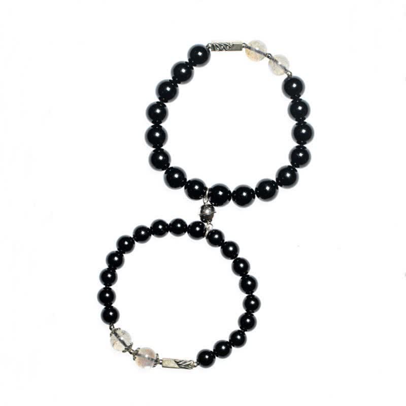 Fortune Jewel 925 Sterling Silver Obsidian Moonstone Strength Couple Bracelet