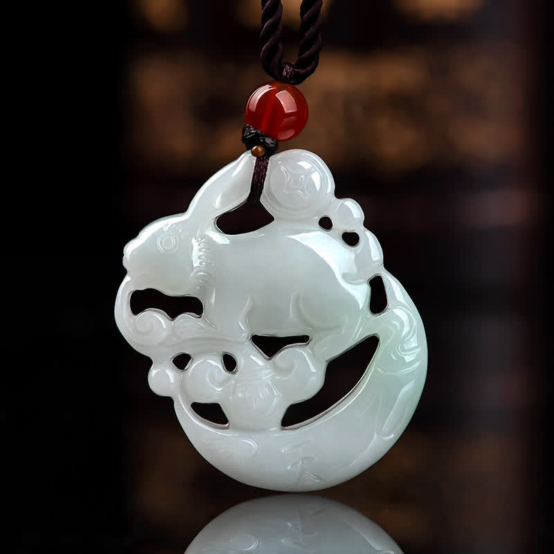 Fortune Jewel Year of the Rabbit White Jade Crescent Moon Protection Necklace Pendant