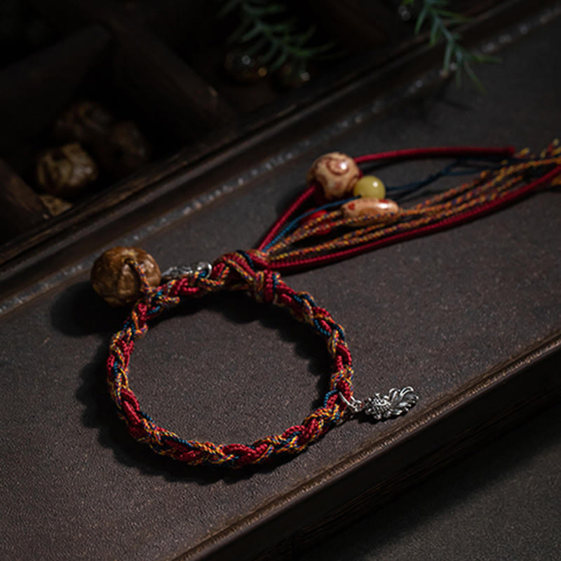 Fortune Jewel Tibetan Handmade Colorful Thread 925 Sterling Silver Koi Fish Protection Strength String Bracelet