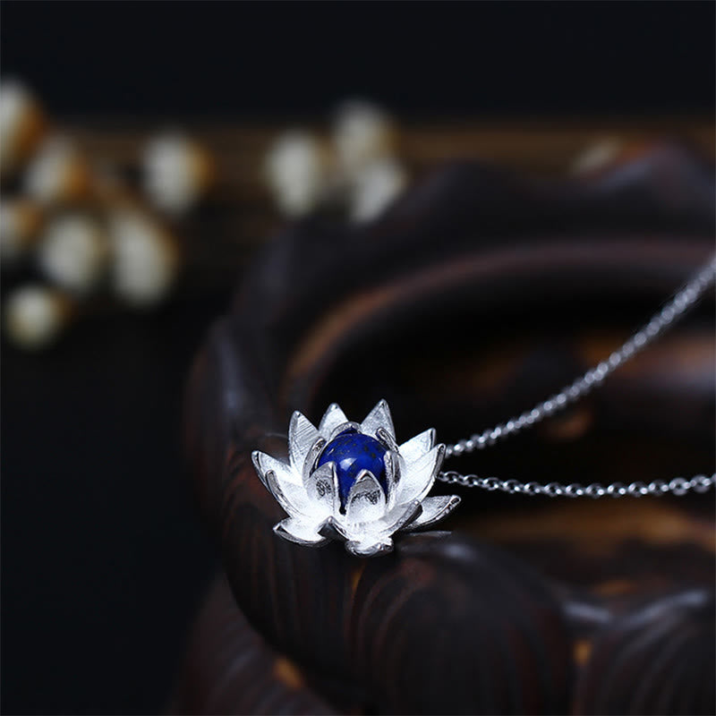 Fortune Jewel 925 Sterling Silver Lazurite Lotus Flower Self Care Necklace Pendant
