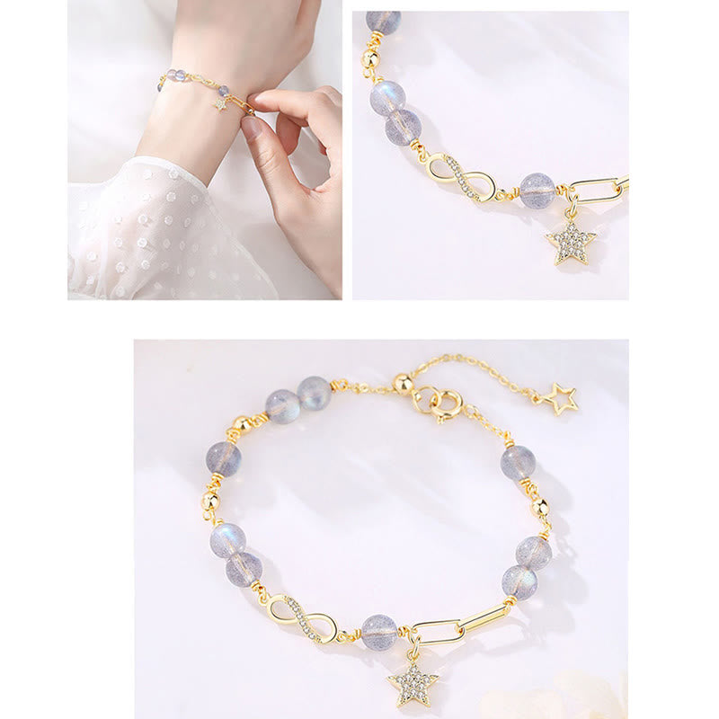Fortune Jewel 14K Gold Plated Natural Strawberry Quartz Moonstone Möbius Loop Eternal Love Star Positive Bracelet