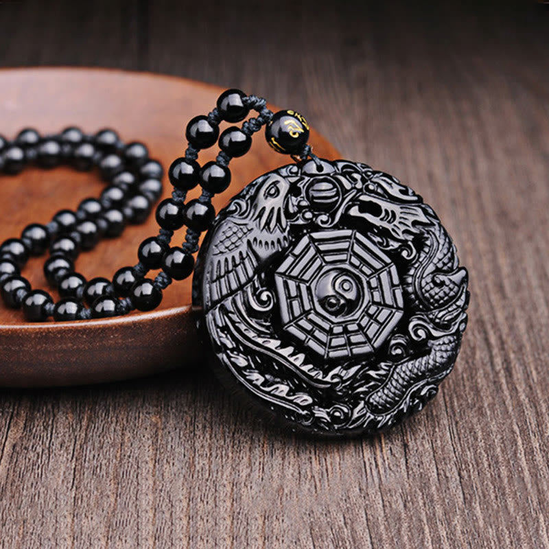 Fortune Jewel Bagua Dragon Phoenix Obsidian Fulfilment Pendant Necklace