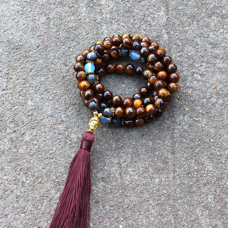 Fortune Jewel Tibetan Tiger Eye Buddha Strength Power Beaded Tassel Pendant Necklace
