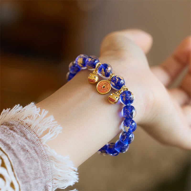 Fortune Jewel Gold Swallowing Beast Copper Coin Good Luck Charm Liuli Glass Bead Fortune Bracelet