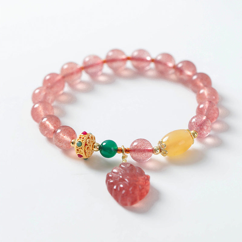 Fortune Jewel Natural Strawberry Quartz Nine Tailed Fox Healing Bracelet