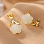 Fortune Jewel 925 Sterling Silver Plated Gold Jade Rose Flower Cyan Jade Pearl Luck Earrings