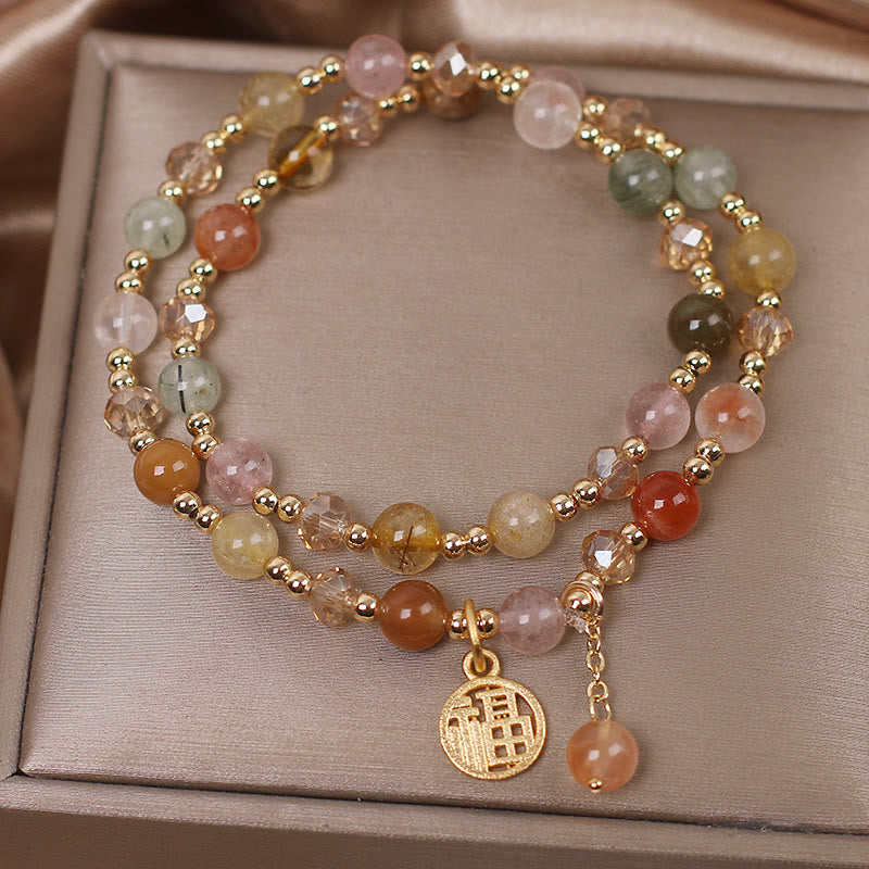 Fortune Jewel Multicolored Rutilated Quartz Fu Character Auspiciousness Bracelet
