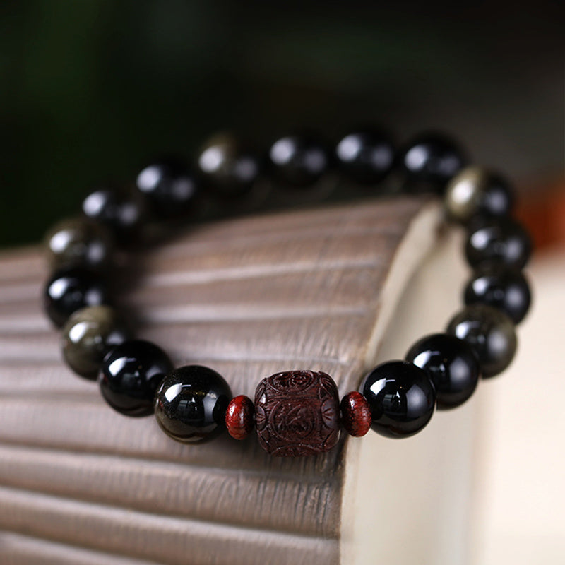 Fortune Jewel Natural Gold Sheen Obsidian Rainbow Obsidian Om Mani Padme Hum Fu Character Healing Bracelet