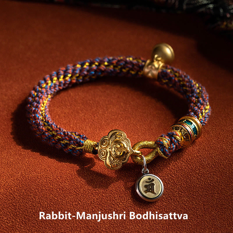 Fortune Jewel 925 Sterling Silver Chinese Zodiac Natal Buddha Om Mani Padme Hum Luck Bell Braided String Bracelet
