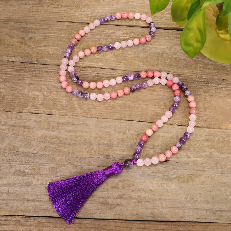 Fortune Jewel 108 Mala Beads Amethyst Rose Quartz Spiritual Healing Tassel Bracelet