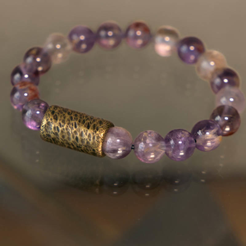 Fortune Jewel White Crystal Red Hematoid Quartz Gold Rutilated Quartz Purple Phantom Protection Bracelet