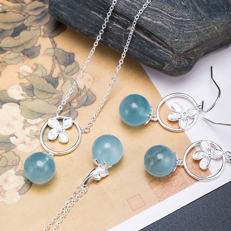 Fortune Jewel 925 Sterling Silver Natural Aquamarine Leaf Flower Peace Earrings Necklace