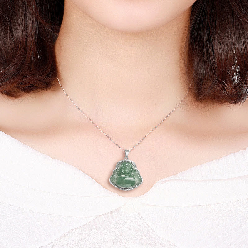 Fortune Jewel Laughing Buddha Natural Jade Luck Prosperity Necklace Titanium Steel Chain Pendant Fortune Jewel