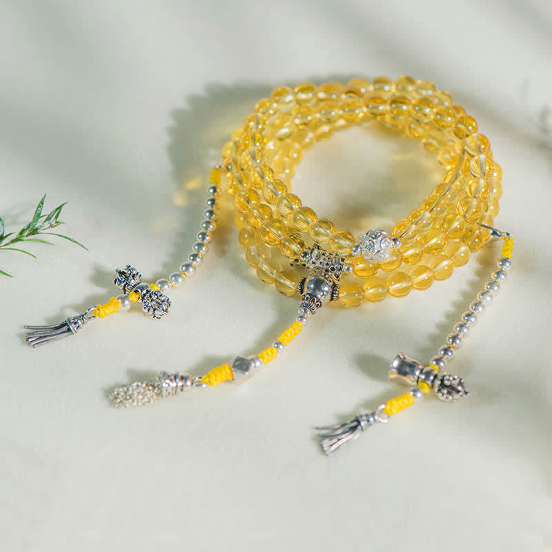 Fortune Jewel 108 Mala Beads 925 Sterling Silver Natural Citrine Red Agate White Jade Prosperity Charm Bracelet