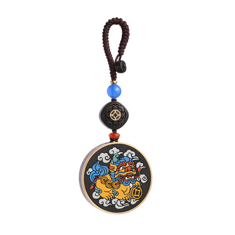 Fortune Jewel PiXiu Copper Coin Ebony Wood Luck Attract Wealth Key Chain Decoration