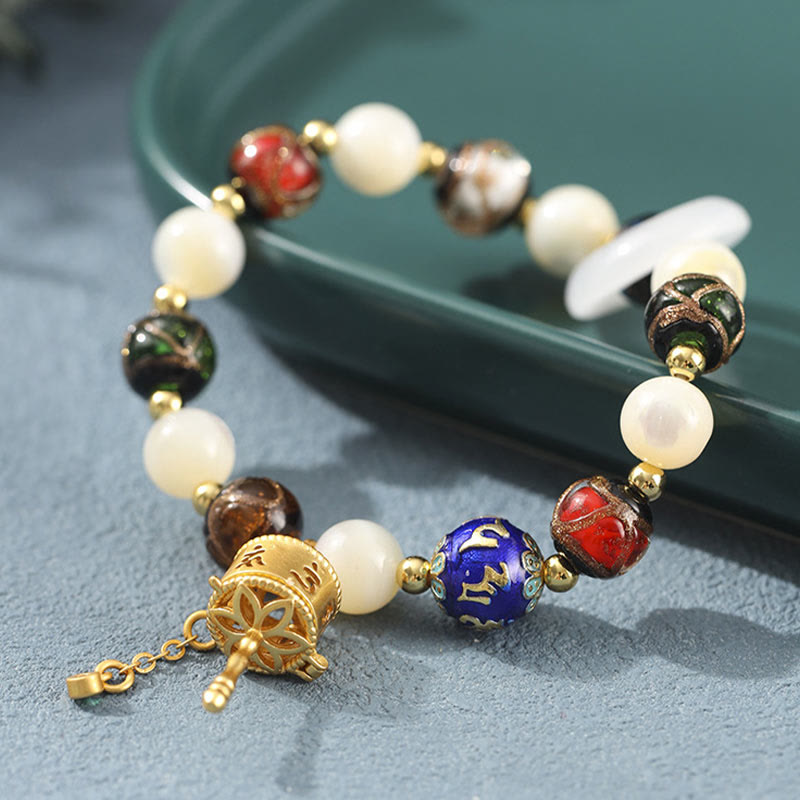 Fortune Jewel Tibetan Incense Ash Liuli Glass Tridacna Stone Sun Stone Om Mani Padme Hum Prayer Wheel Charm Bracelet