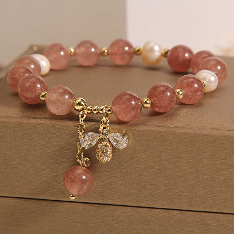 Fortune Jewel Strawberry Quartz Pearl Cute Zircon Honeybee Positive Charm Bracelet