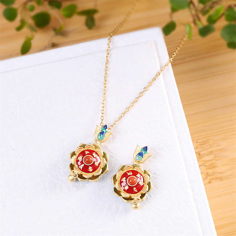 Fortune Jewel 925 Sterling Silver Tibet Lotus Prayer Wheel Red Agate Enlightenment Necklace Pendant