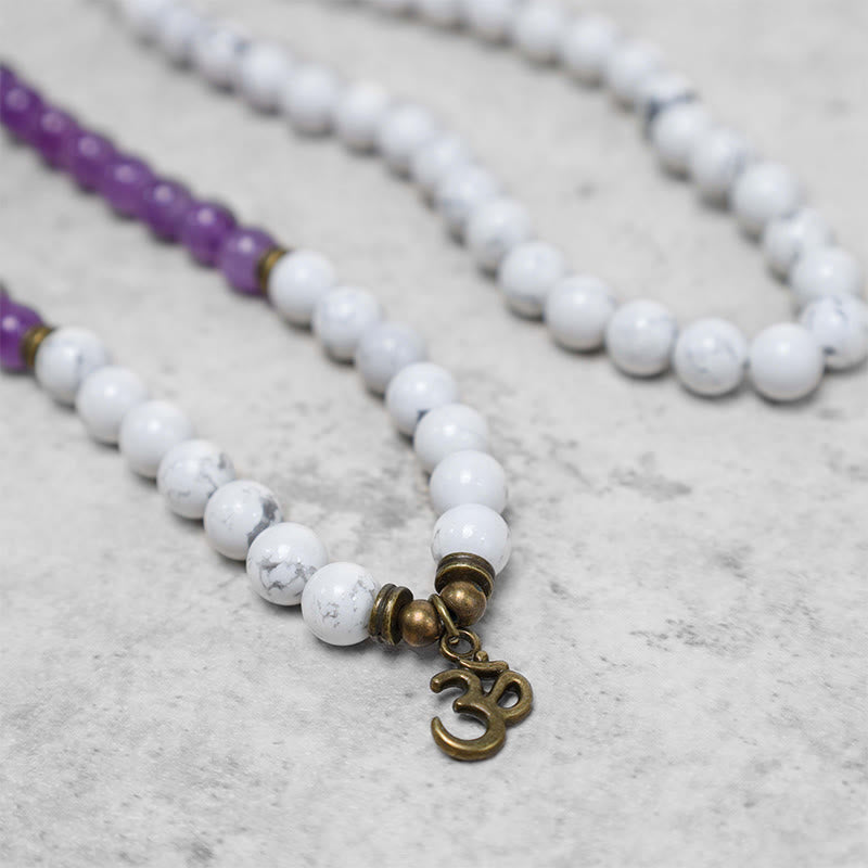 Fortune Jewel 108 Mala Beads Amethyst White Turquoise OM Healing Meditation Energy Bracelet