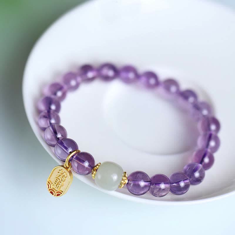 Fortune Jewel Natural Amethyst Crystal Hetian Jade Healing Charm Bracelet