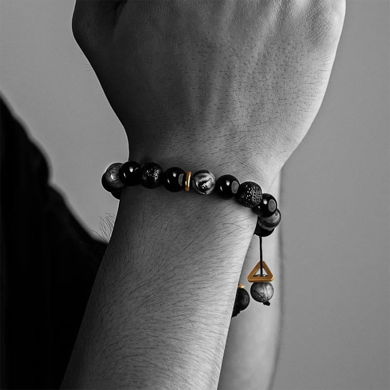 Fortune Jewel Black Obsidian Lava Rock Stone Yin Yang Strength Bracelet