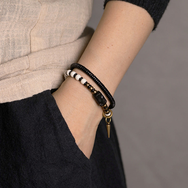 Fortune Jewel Bone Beads Ebony Wood Copper Strength Couple Bracelet