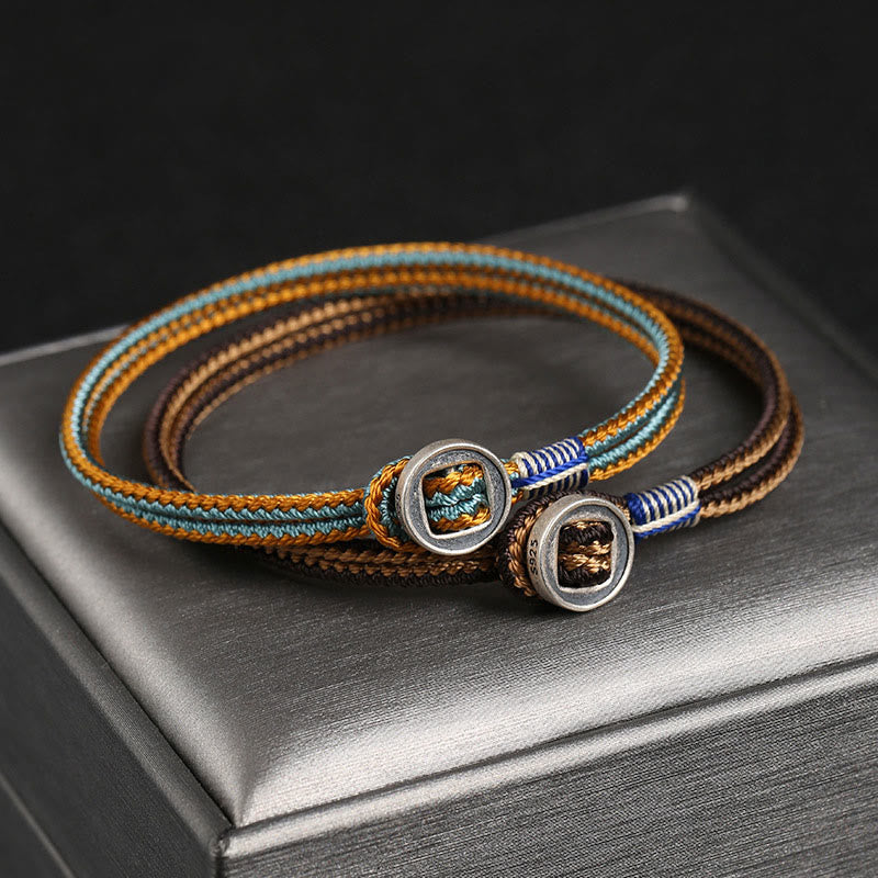 Fortune Jewel  925 Sterling Silver Handmade Button Protection Weave String Bracelet