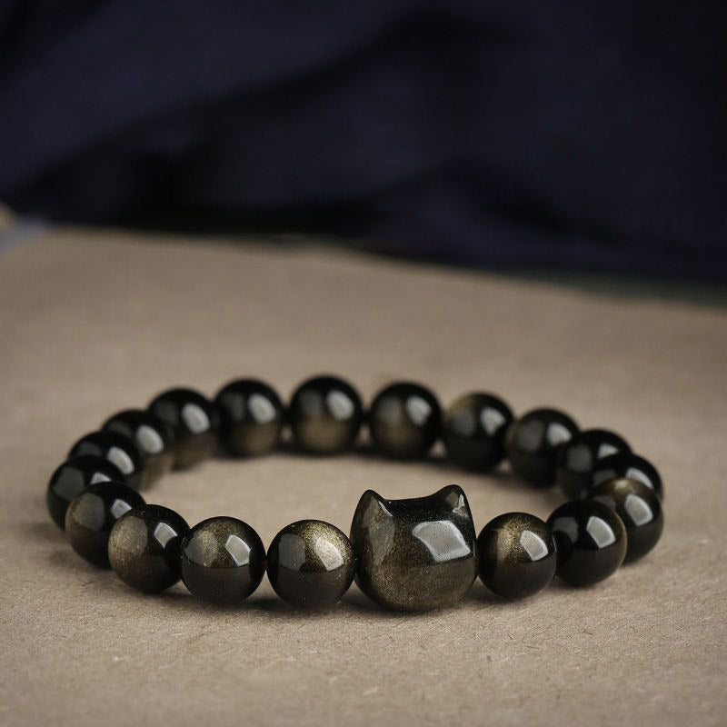 Fortune Jewel Gold Sheen Obsidian Silver Sheen Obsidian Lovely Paw Lucky Cat Protection Bracelet