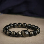 Fortune Jewel Gold Sheen Obsidian Silver Sheen Obsidian Lovely Paw Lucky Cat Protection Bracelet