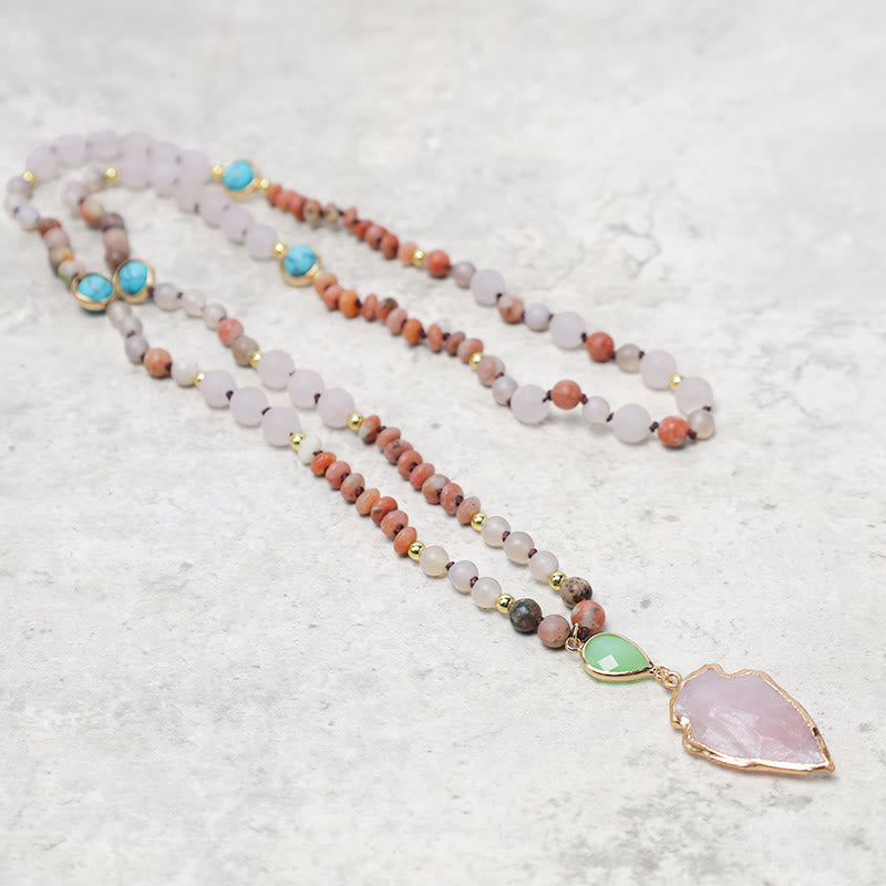 Fortune Jewel Natural Rose Quartz Crystal Stone Healing Arrowhead Necklace Pendant