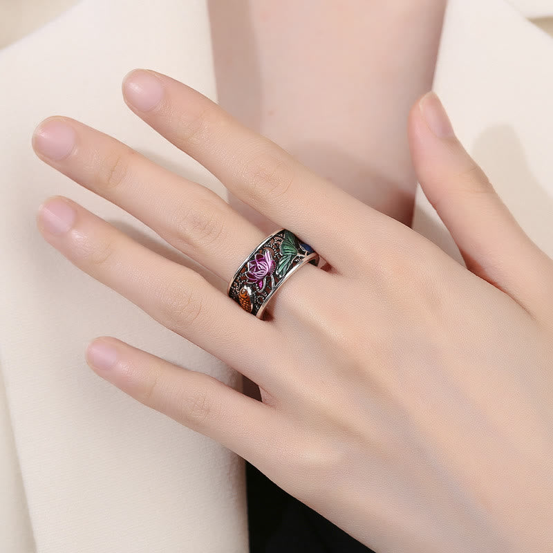 Fortune Jewel Copper Blue Enamel Lotus Heart Sutra Koi Fish Luck Ring Fortune Jewel