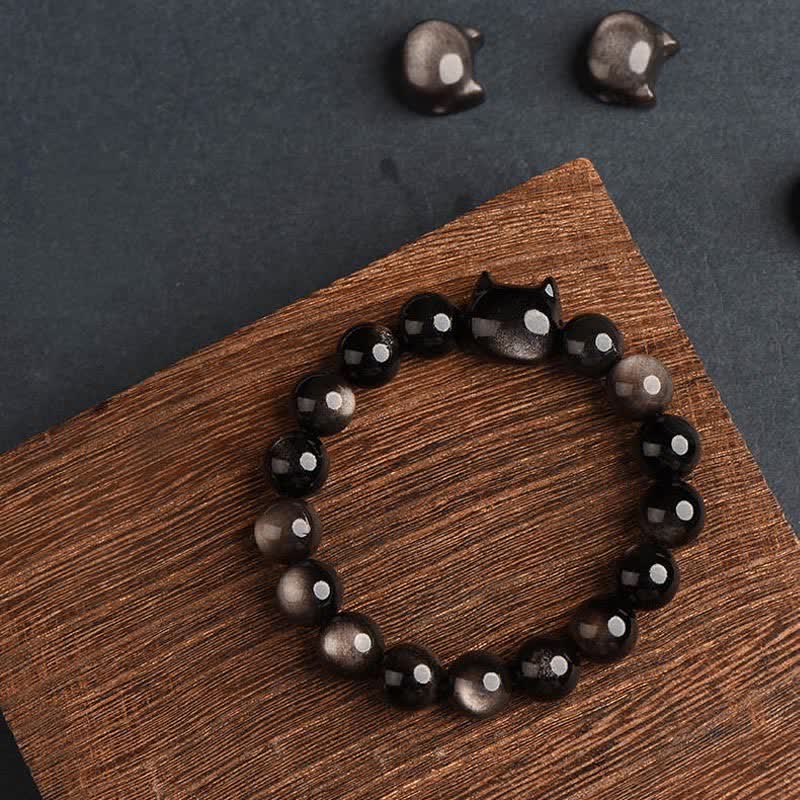 Fortune Jewel Gold Sheen Obsidian Silver Sheen Obsidian Lovely Paw Lucky Cat Protection Bracelet