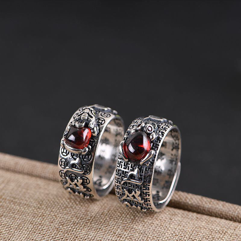 Fortune Jewel Genstone PiXiu Feng Shui Frog Vajra Dorje Heart Sutra Wealth Adjustable Ring