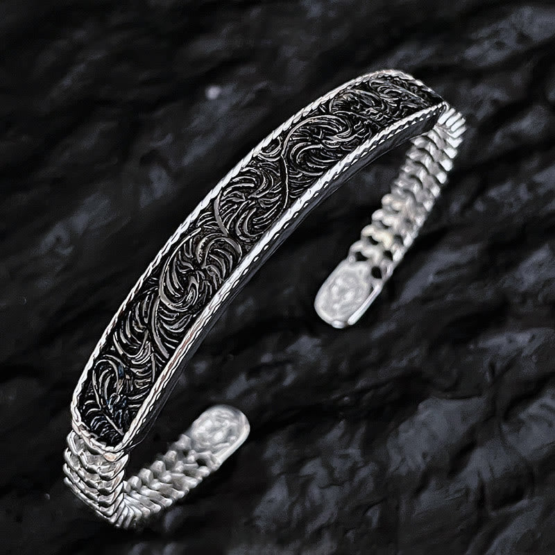 Fortune Jewel Tang Dynasty Flower Design Engraved Copper Luck Cuff Bracelet Bangle Adjustable Ring