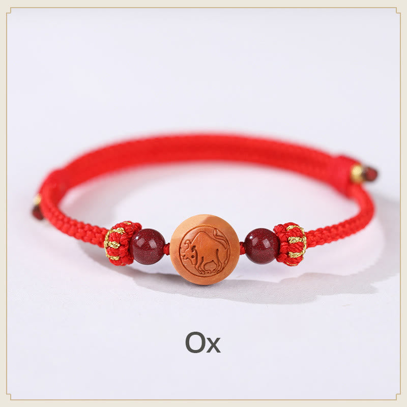 Fortune Jewel Natural Peach Wood Chinese Zodiac Fu Character Carved Cinnabar Wealth Bracelet