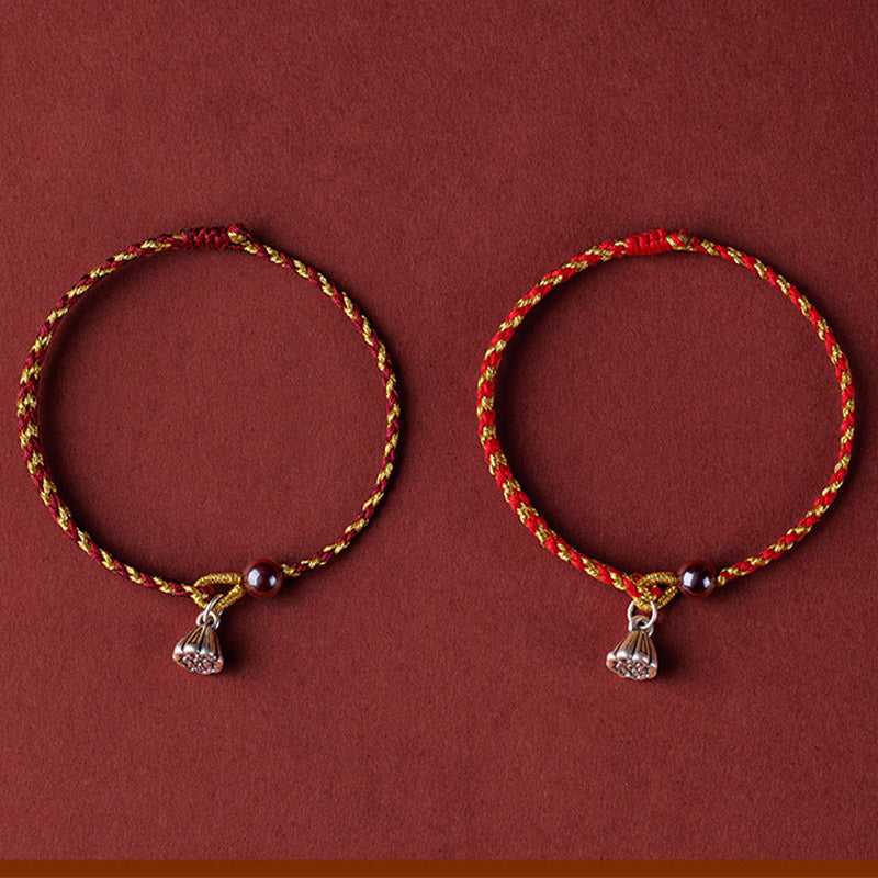 Fortune Jewel Handcrafted Red Gold Rope Lotus Peace And Joy Charm Braid Bracelet