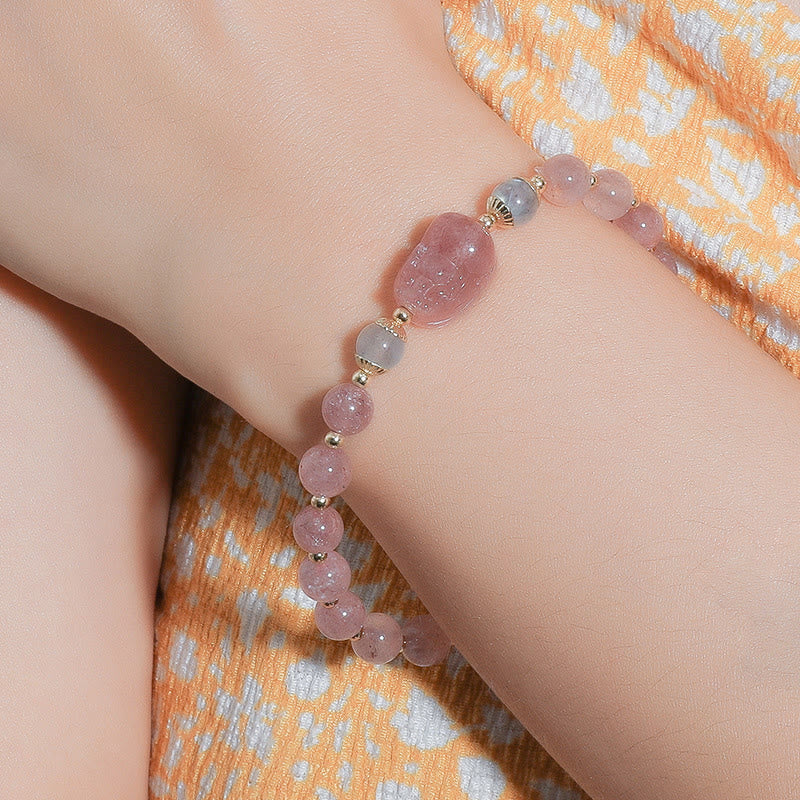 Fortune Jewel Moonstone Strawberry Quartz Tourmaline PiXiu Healing Bracelet
