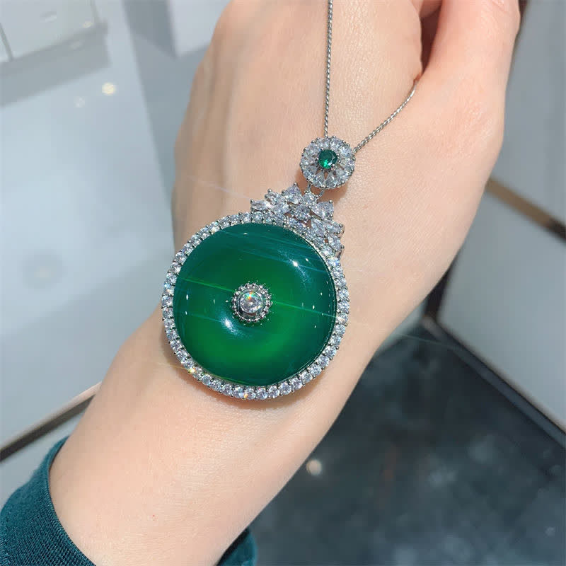 Fortune Jewel Green Chalcedony Round Peace Buckle Strength Necklace Pendant
